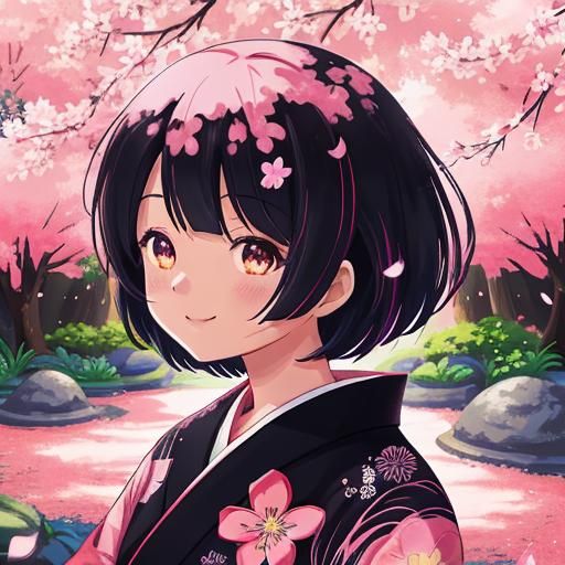Smiling Black Girl in Japanese Garden: Anime Portrait