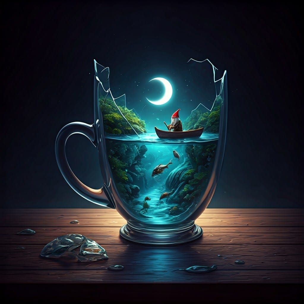 Gnome Fishing the Moon River in Broken Cup