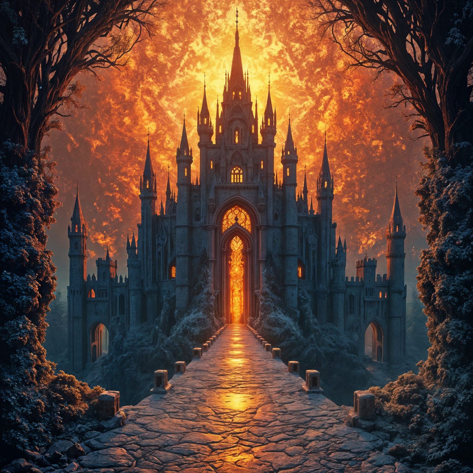 Surreal Castle Illuminated by Shimmering Fractals of Firelig...