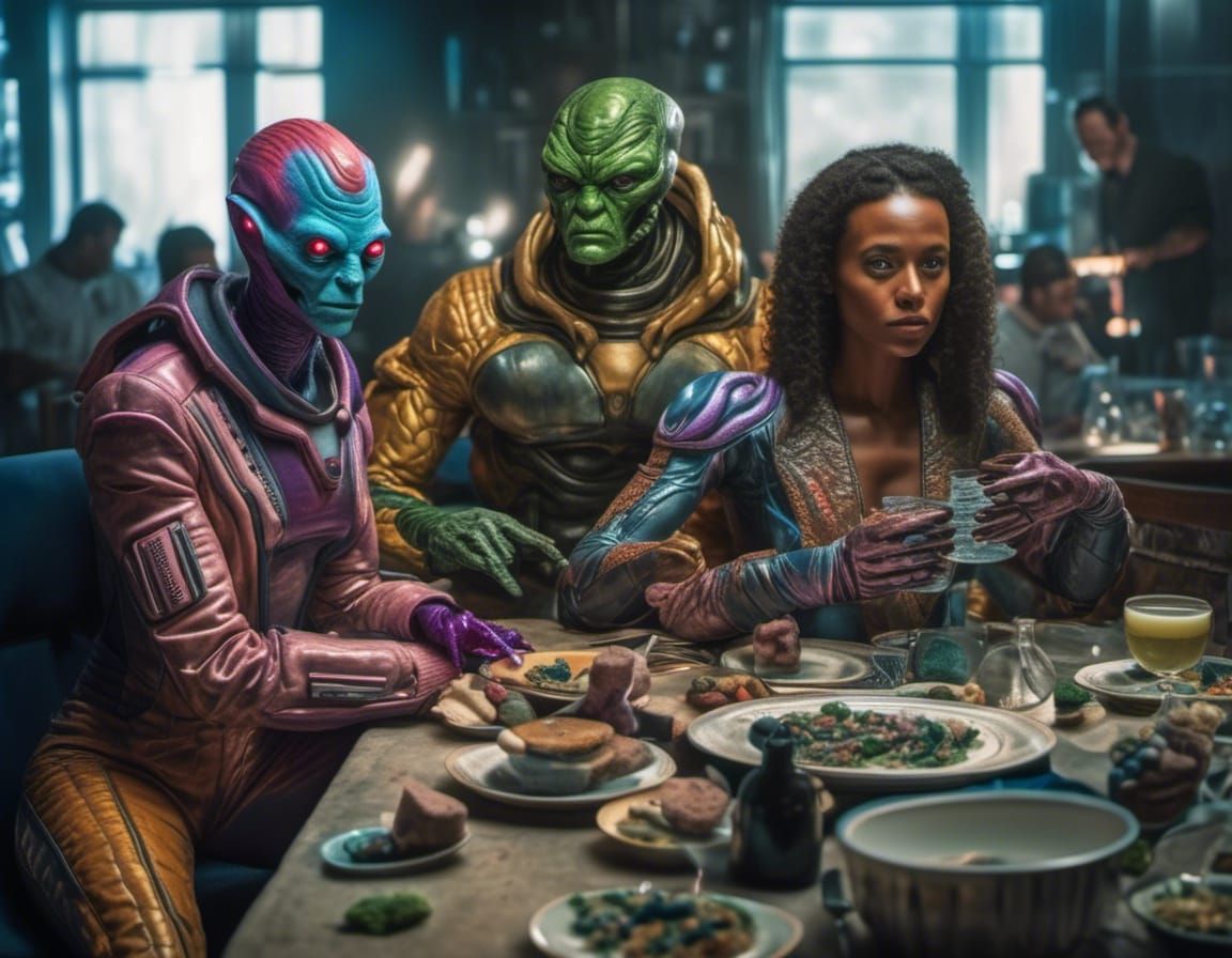 Hyperrealistic Alien Party with Pets in Bizarre House