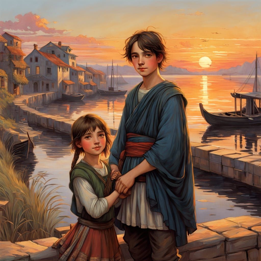Cheerful Siblings at Sunset Dock in Vibrant Anime Style