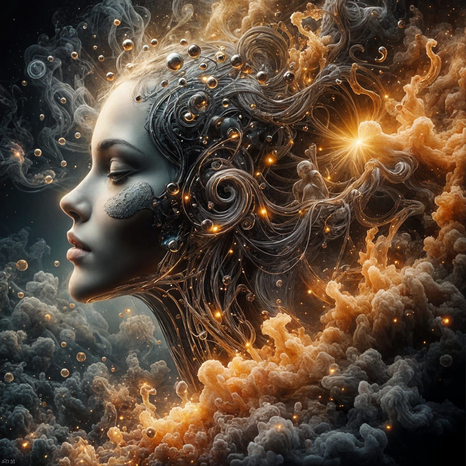 Cyborg Woman in Golden Haze