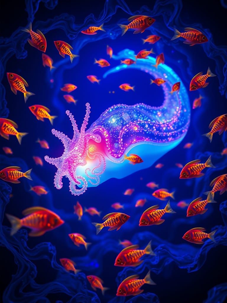 Giant Bioluminescent Seaslug with Neon Fishes