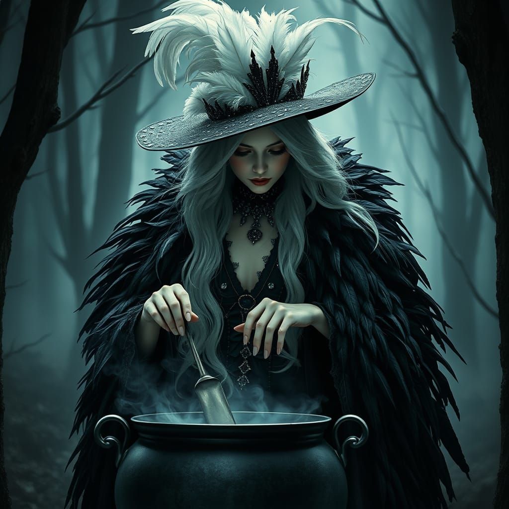 Gothic Woman Stirring Cauldron in Dark Forest