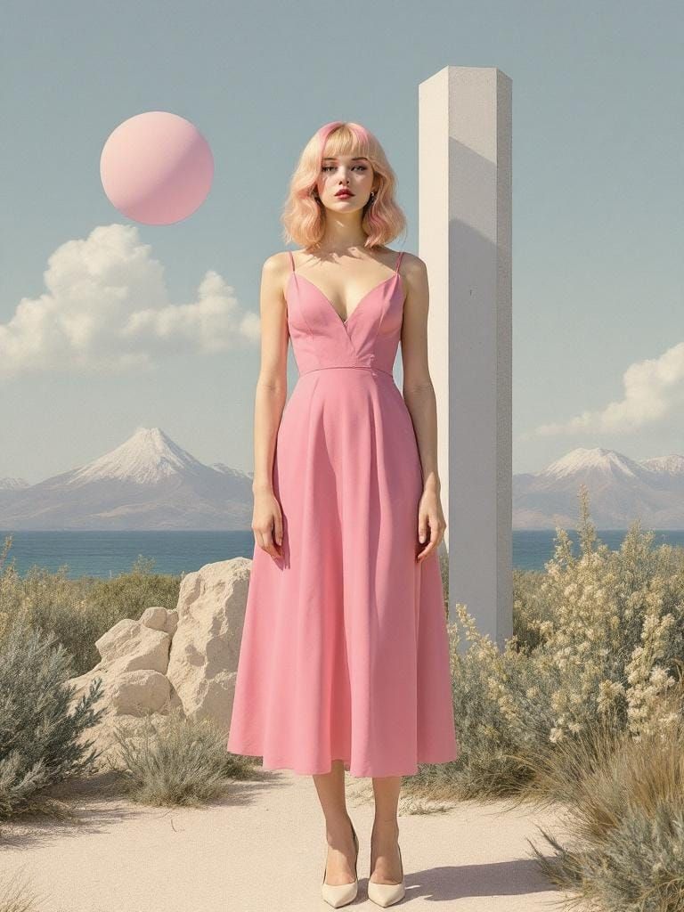 Surreal Pin-Up Collage in Magritte-Anderson Style