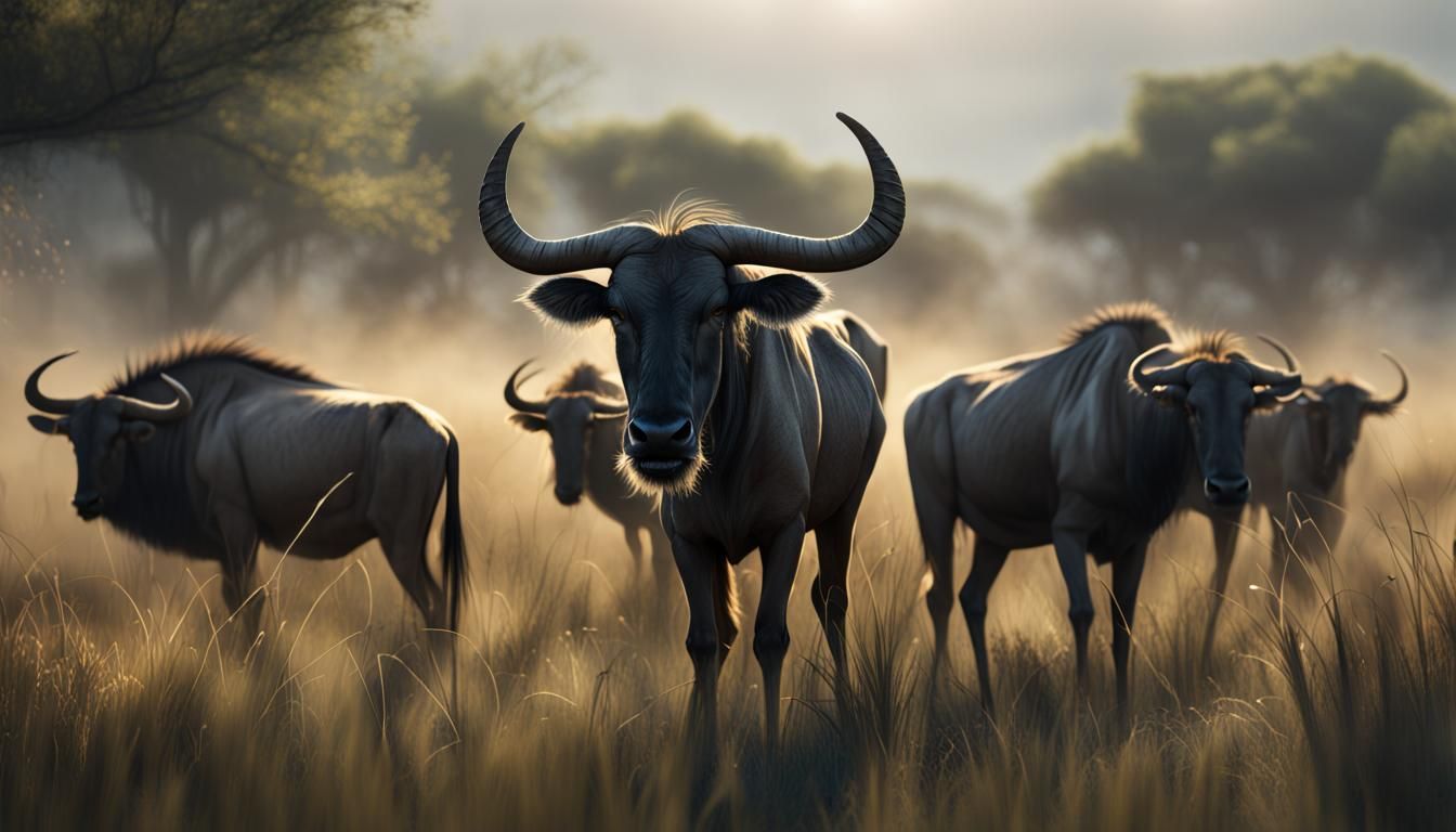 Wildebeest Herd in Grassy Plains: Detailed Matte Painting