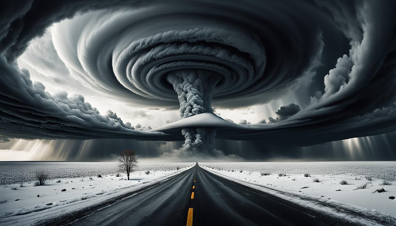 Ominous Landscape with Swirling Clouds in Surreal Style