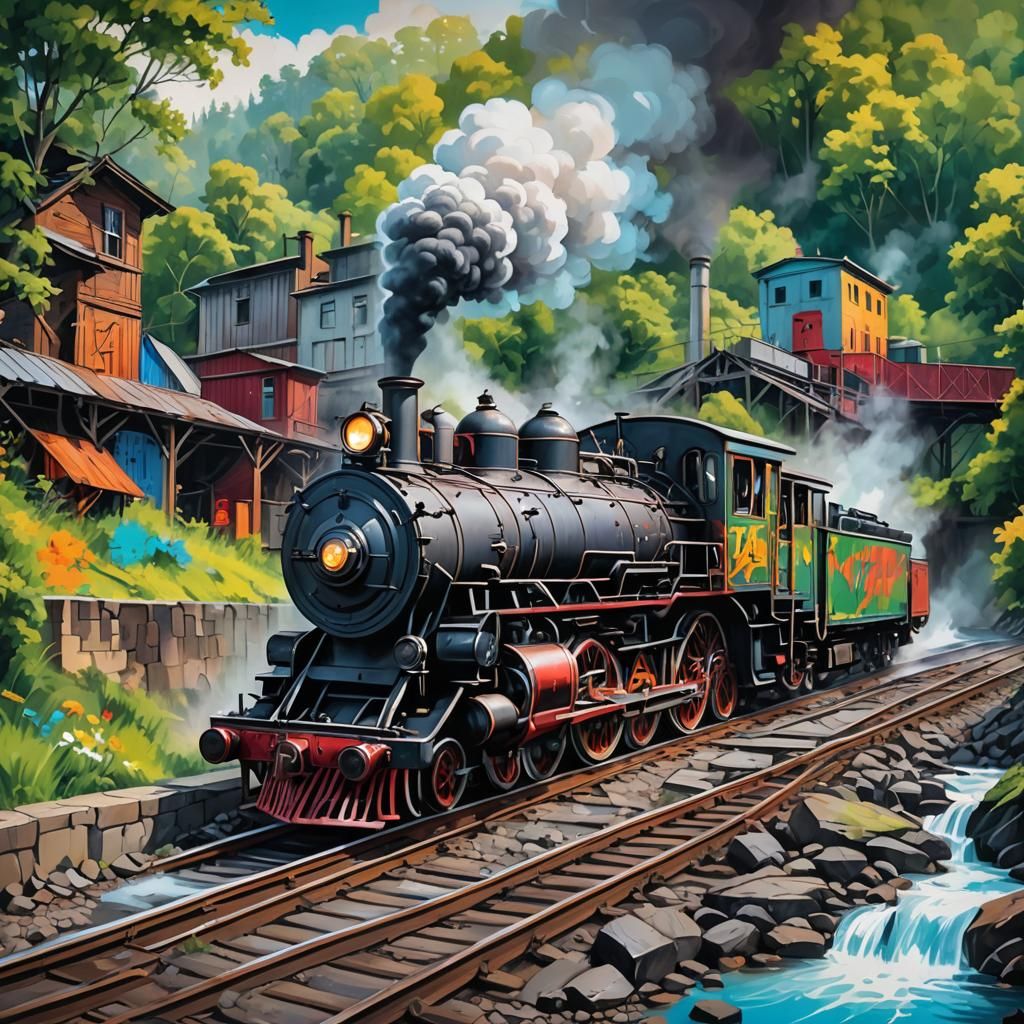 Colorful Steam Engine Train in Folk Art Style