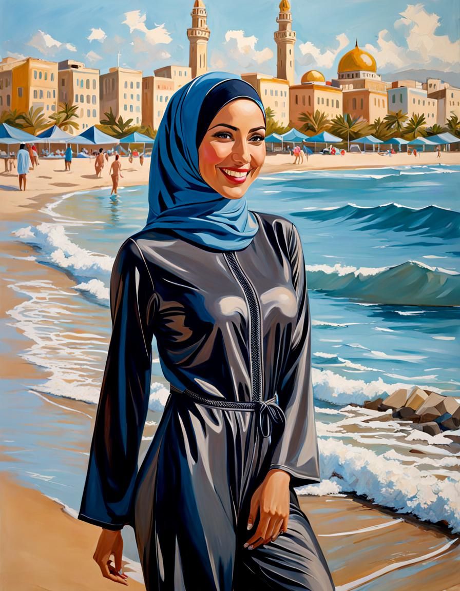Elegant Hijabi Woman Swimming at the Beach