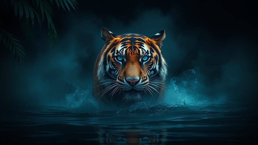 Tiger Swimming in Jungle River with Blue Eyes