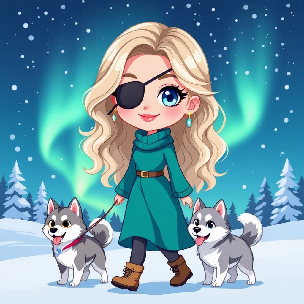 Chibi Woman with Husky Dogs in Snowy Lapland Cartoon
