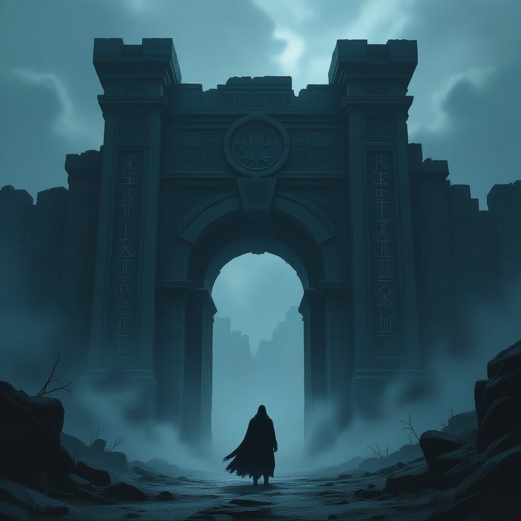 Lone Wolf Before Ancient Cosmic Gate in Dark Fantasy Style