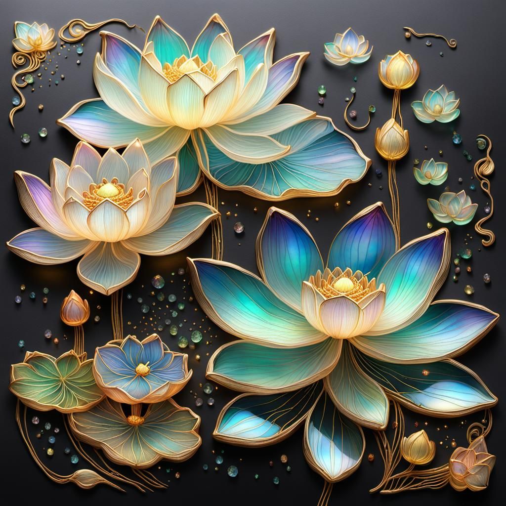 Iridescent Lotus Flowers in Detailed Glass Art Style