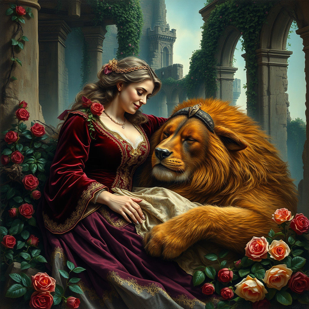 Regal Woman Kisses Sleeping Beast in Classical Oil Painting