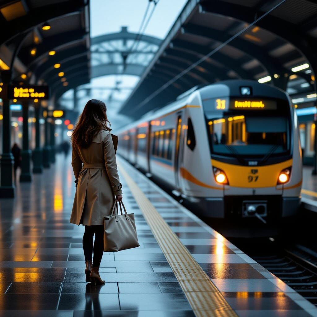 Woman on Illuminated Train Platform in Cinematic Light