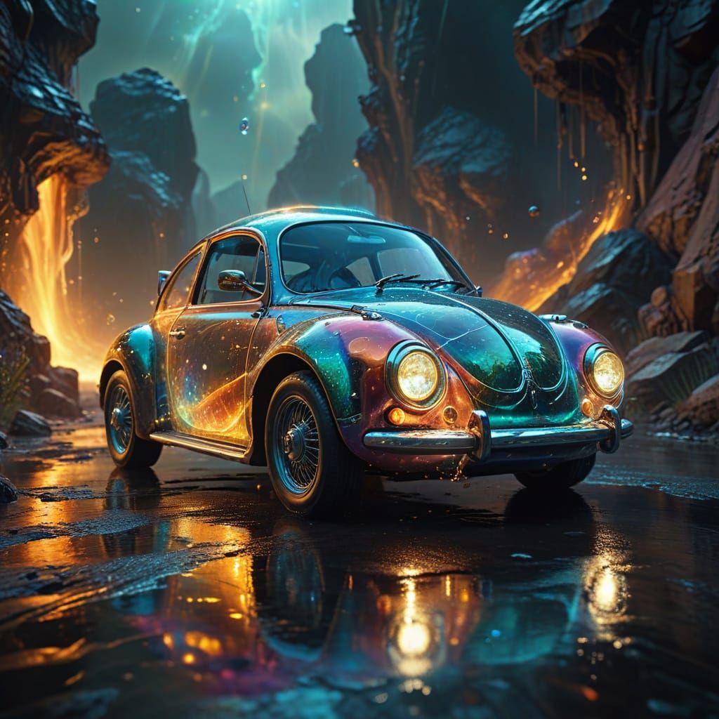 Luminous Bubble Car in Dark Sci-Fi Landscape