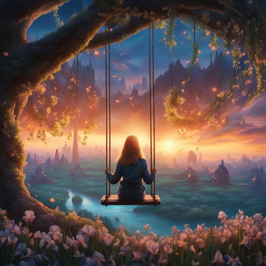 Eye Reflecting Woman on Swing at Dawn: Digital Art