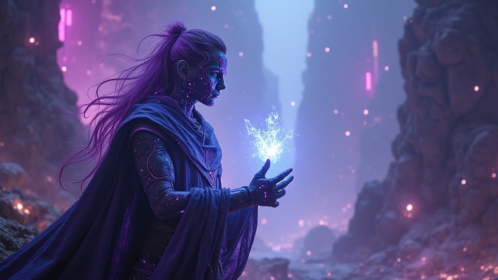 Cybernetic Mage Between Worlds, in Cyberpunk Style