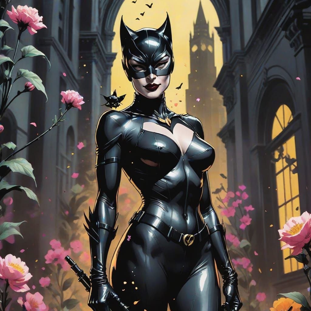 Catwoman in Floral Ink Wash Style