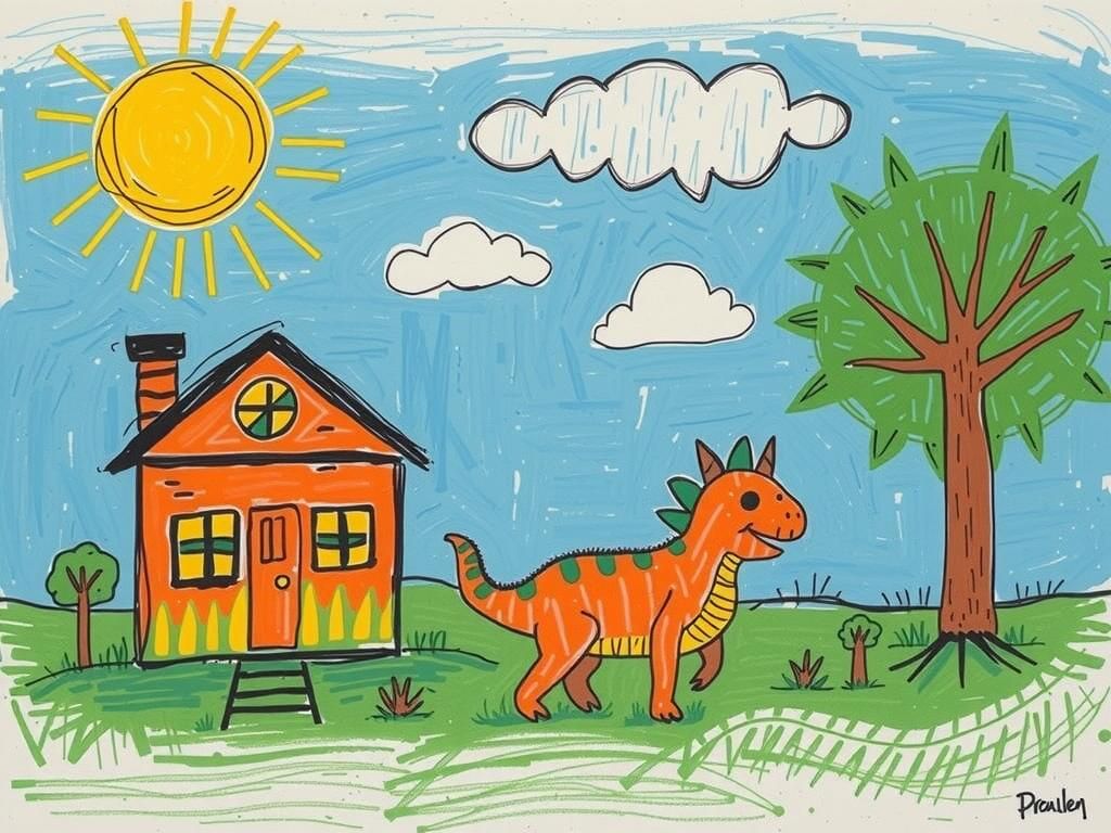 Childlike Landscape with Astronaut, Car, and Dinosaur