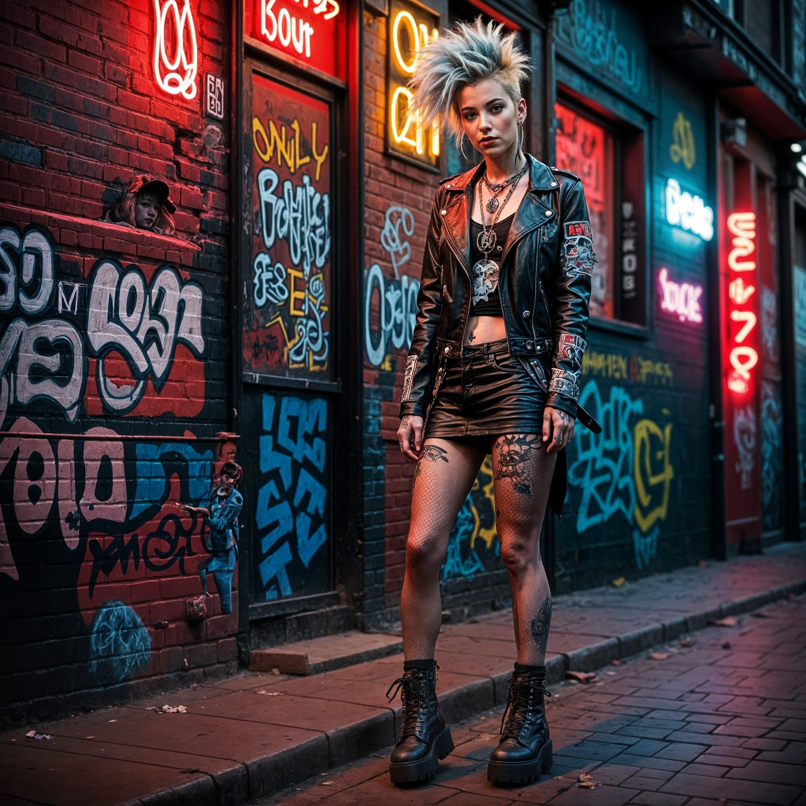Punk Rock Rebel Girl Awaits Concert in Neon Lit Night
