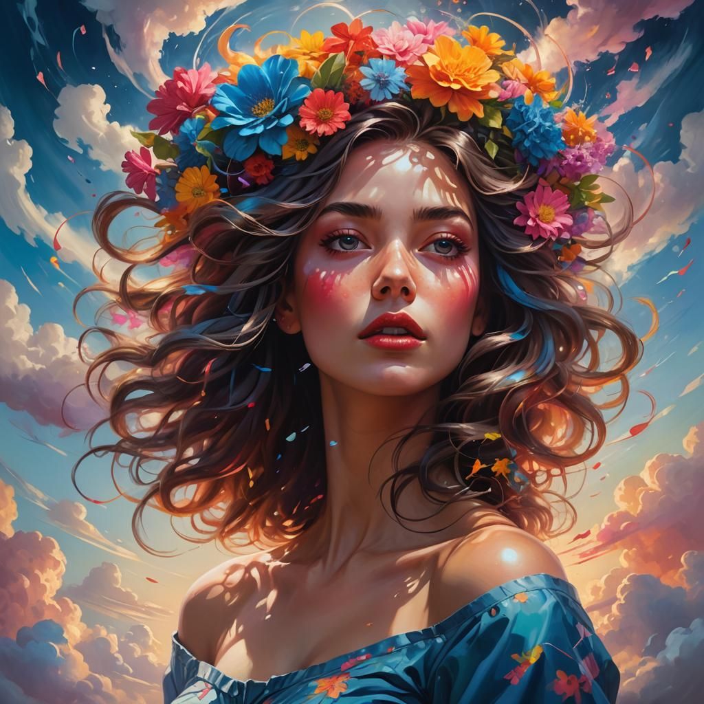 Surreal Portrait of Woman with Flowers and Clouds