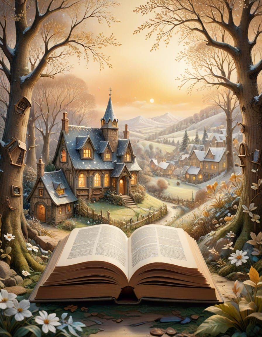 Enchanted Book Village in Watercolor Style