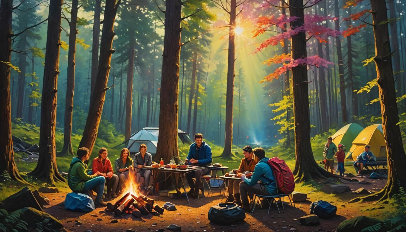 Barbecue Camping Scene as Oil Painting