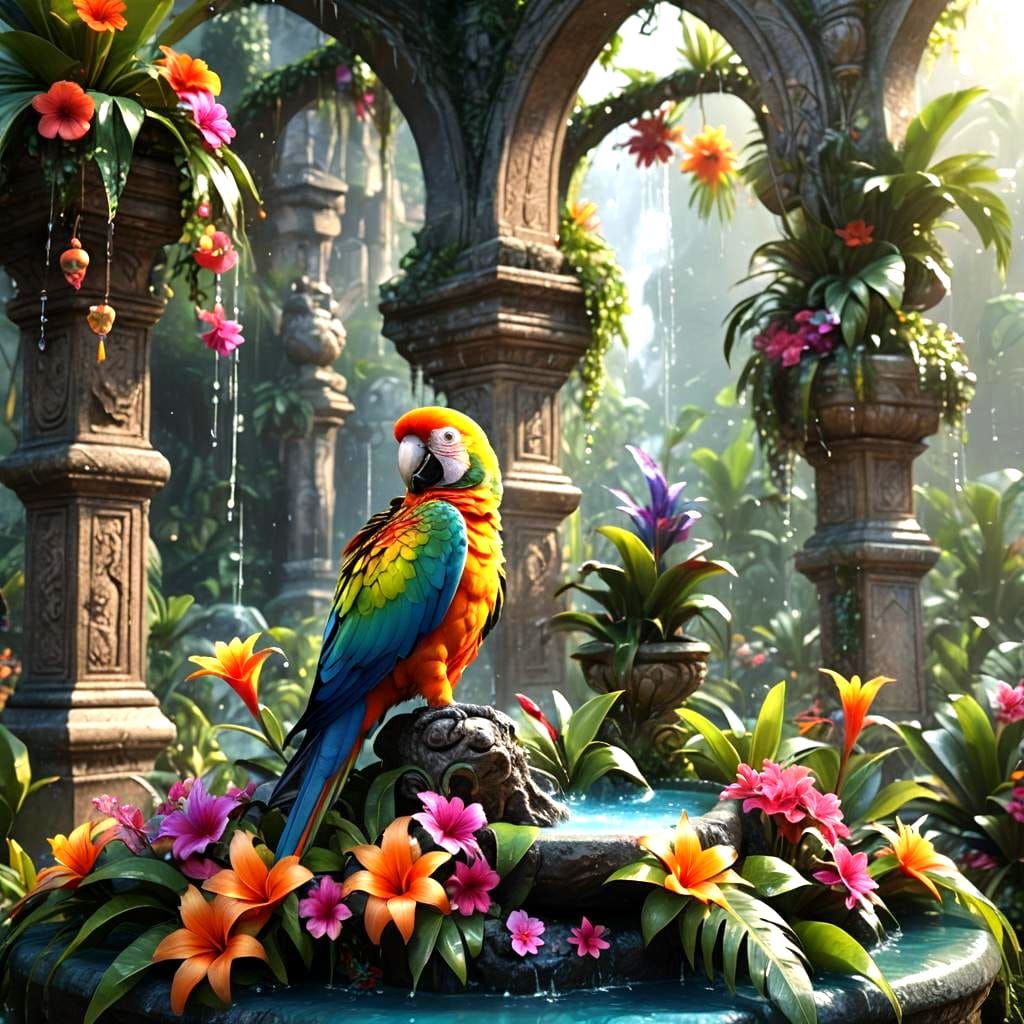 Exotic Parrot at Tropical Stone Fountain