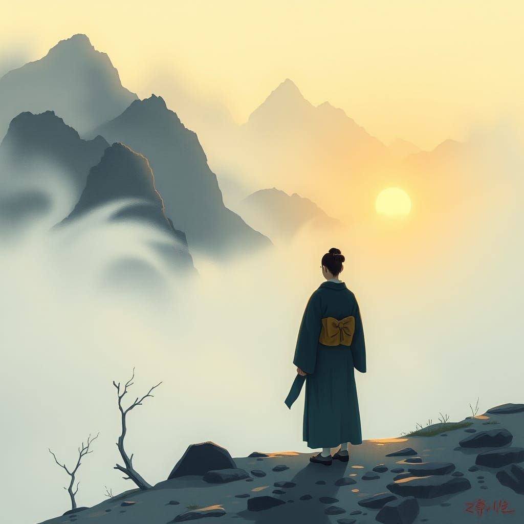 Serene Mountain Pass at Dawn in Ukiyo-e Style