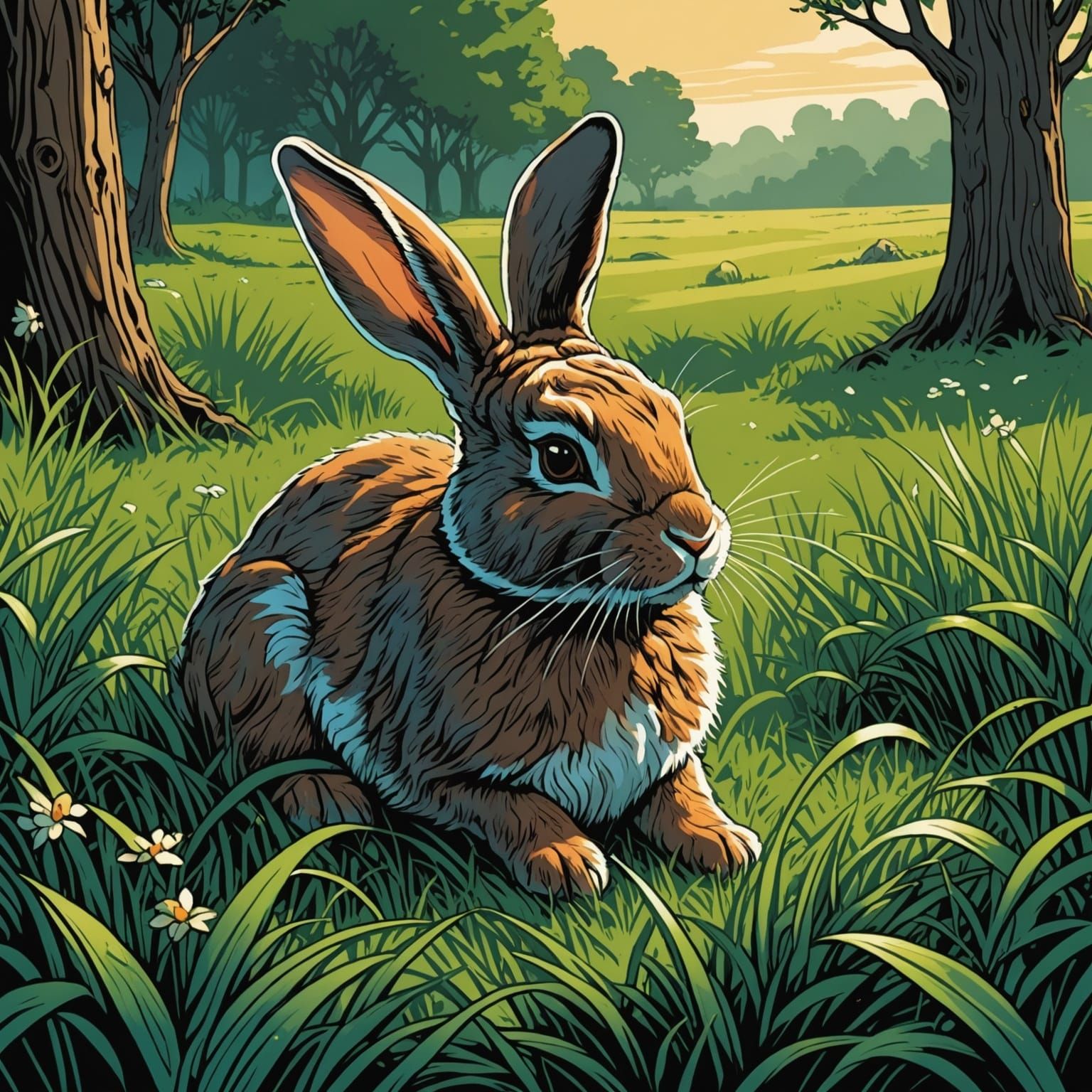 Bunny in Grass, Digital Comic Book Art