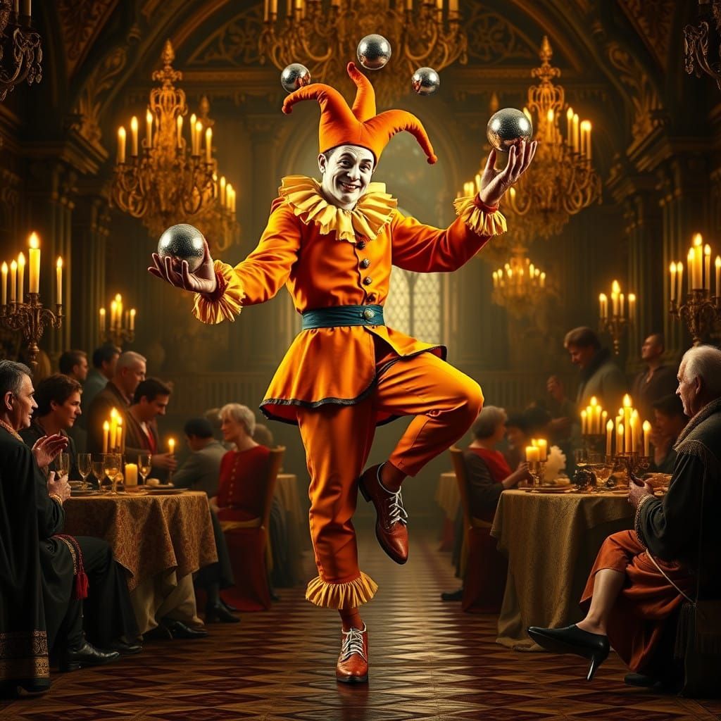 Medieval Jester Juggles in a Whimsical Court Scene