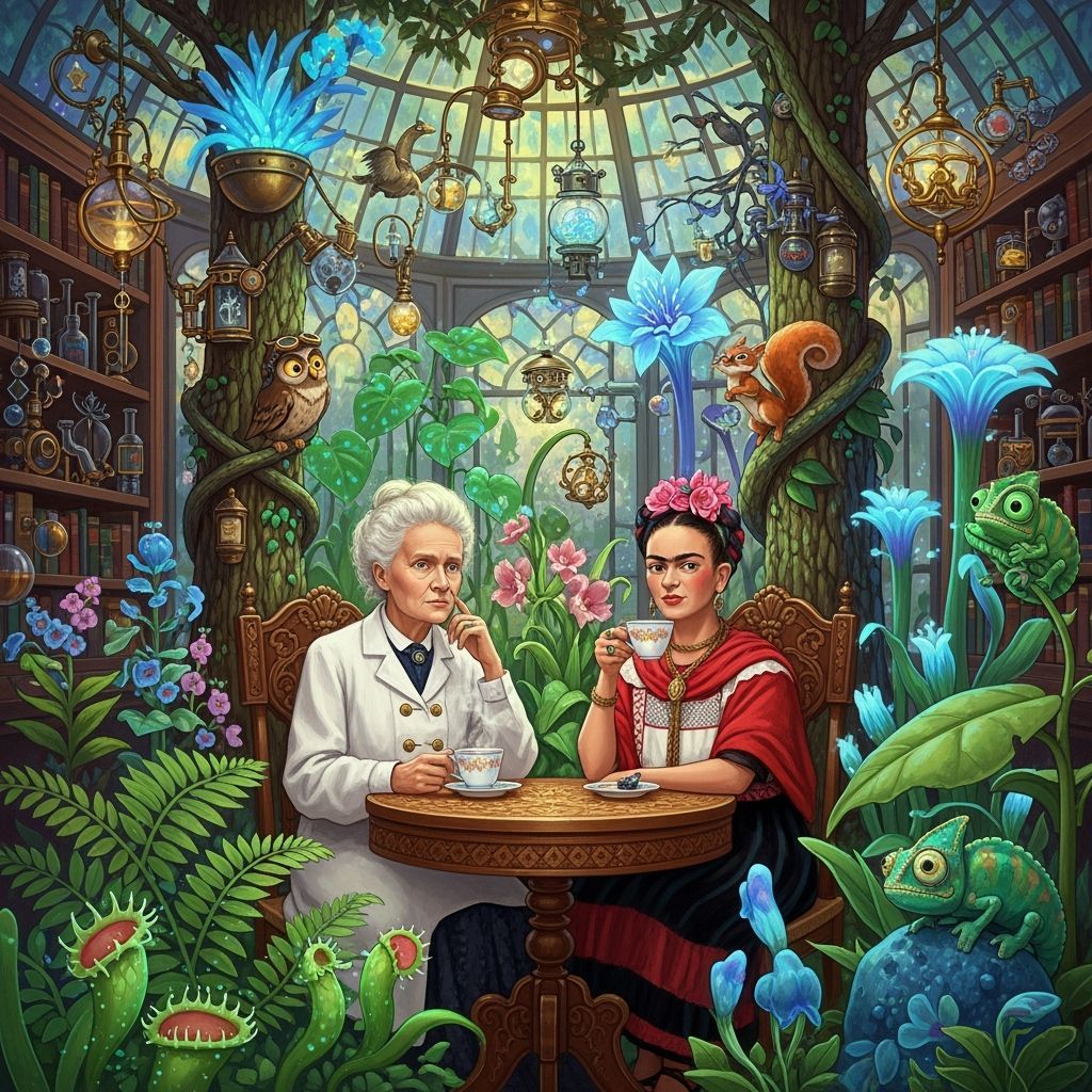 Curie and Kahlo in a Bioluminescent Steampunk Rainforest