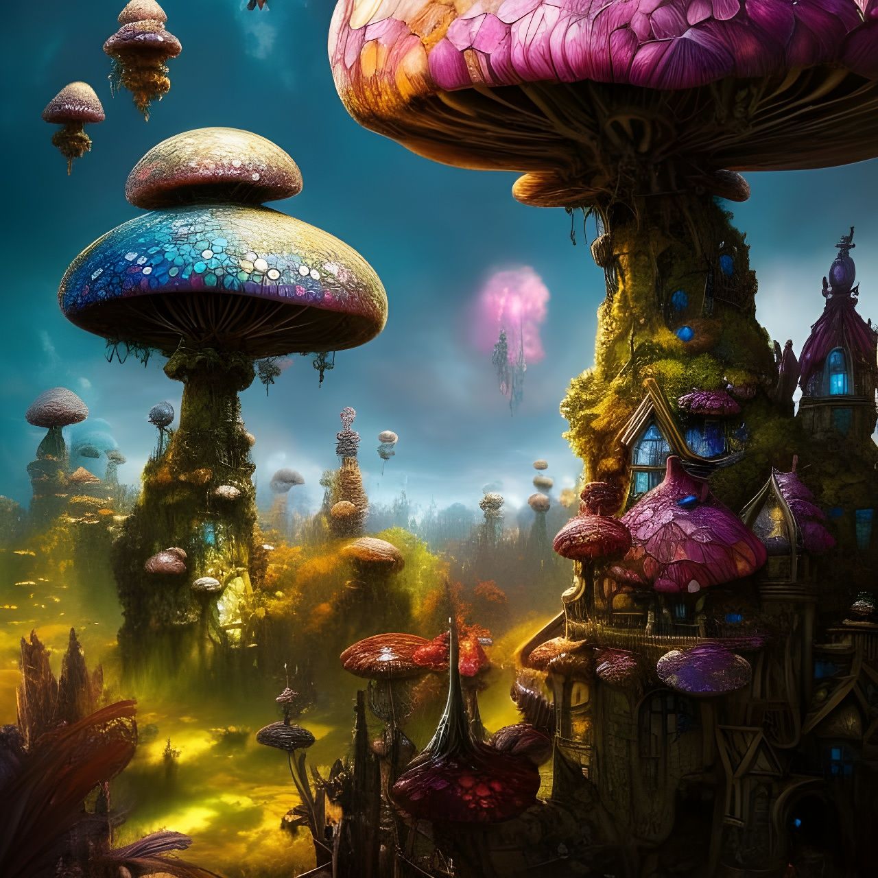 Fantasy Mushroom City with Swirling Skies