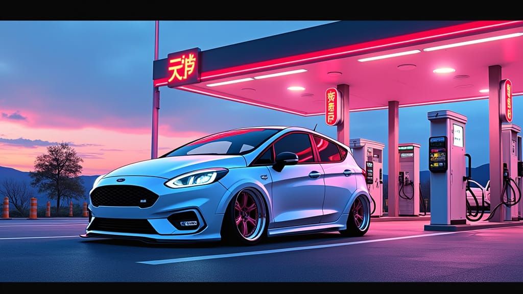 Japanese Petrol Station with JDM Cars in Anime Style