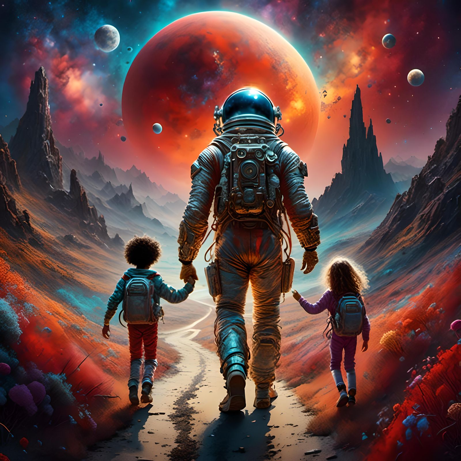 Spaceman, Son, and Daughter in Red Sky Universe