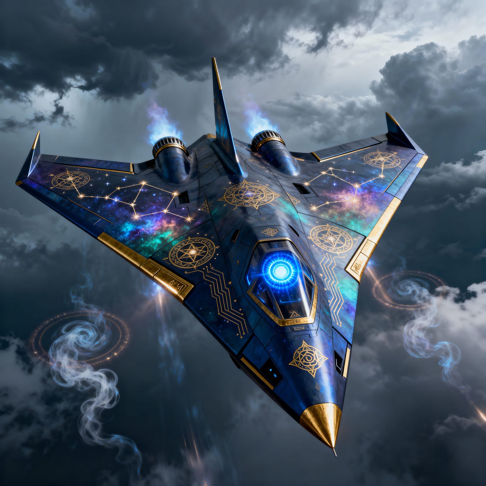 Divine Celestial Stealth Aircraft in Stormy Sky