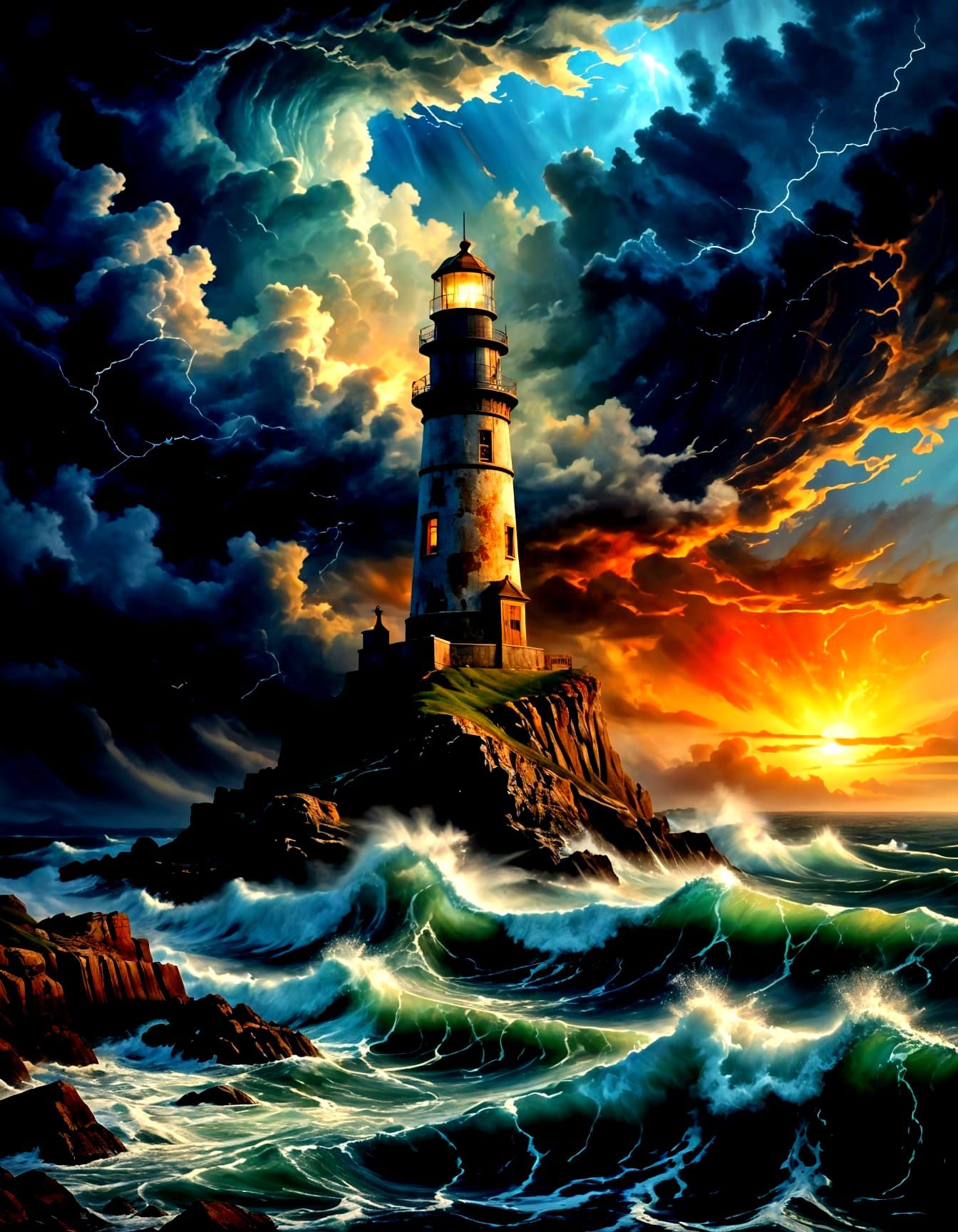 Weathered Lighthouse Amidst Cosmic Storm Sea