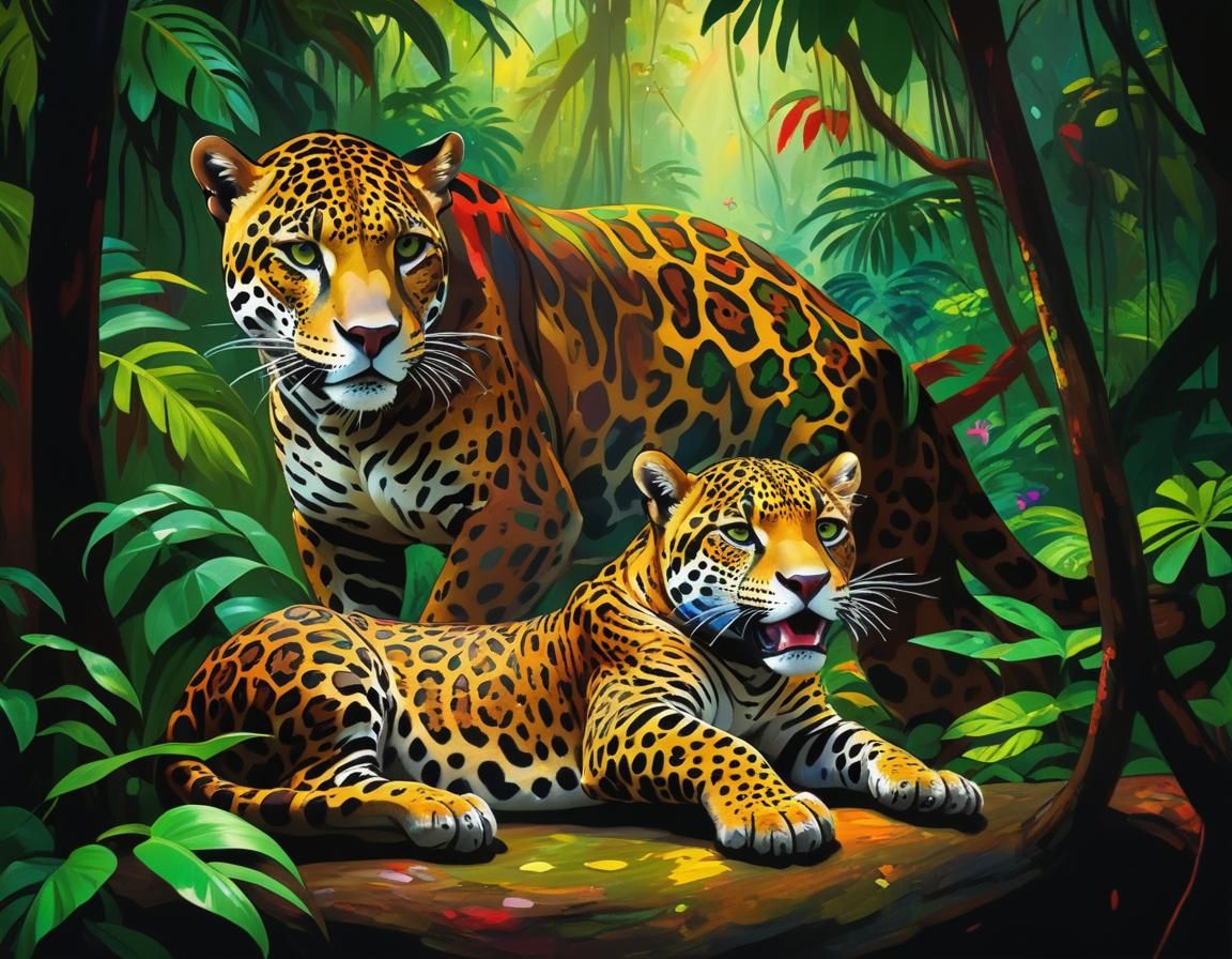 Jaguars and Cubs in a Rainforest, in Gauguin Style