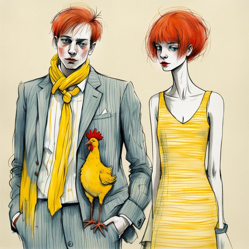 French Girl and Man in Basquiat-Twombly Style Drawing