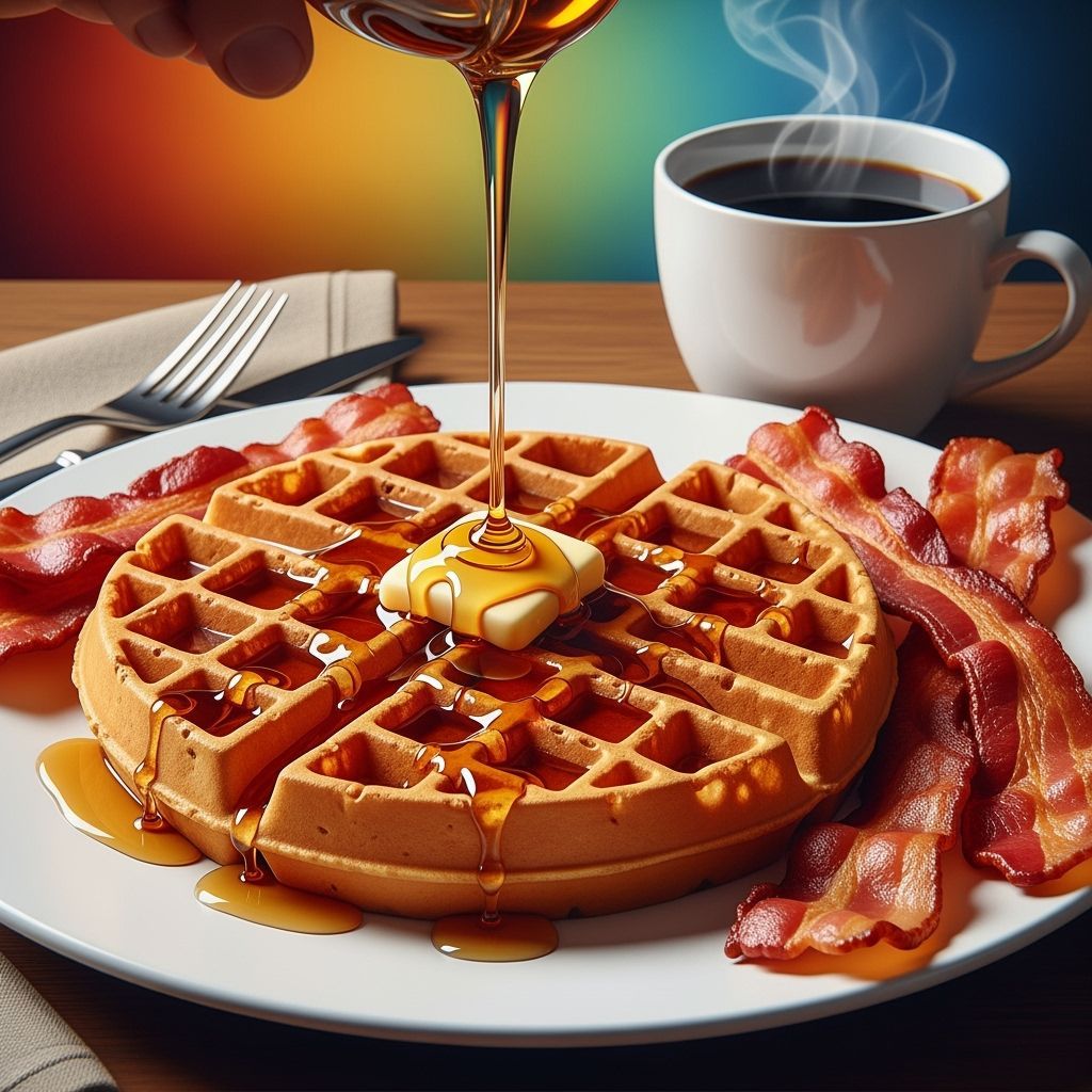 Hyperrealistic Breakfast: Waffle, Bacon, and Coffee