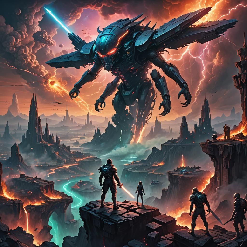 Hero on Cliffside in Retro-Futuristic Pixel Art