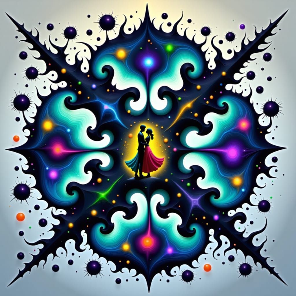 Couple Embracing Amidst Elemental Forces in Whimsical Style