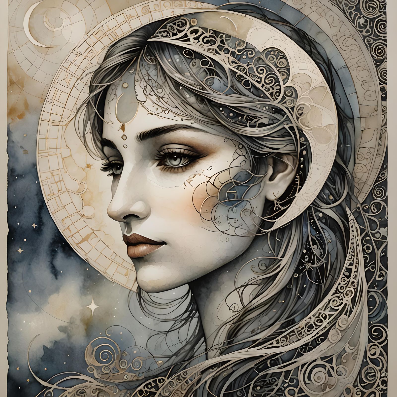 Dreamy Woman in the Moon: Surreal Watercolor Art