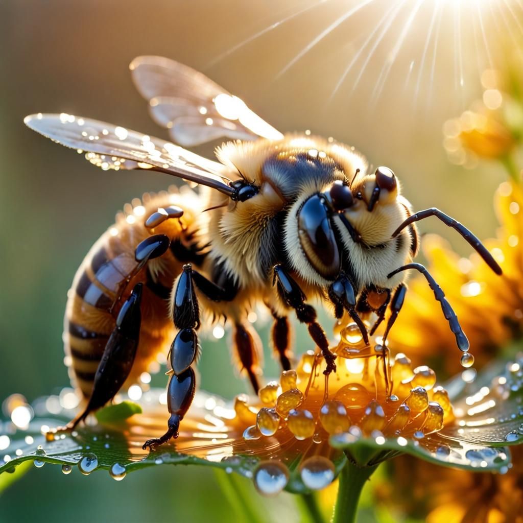 Bee Drinking Honey: Macro Photography with Dew Drops