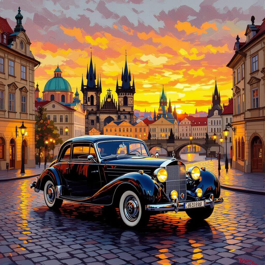 Oldtimer Mercedes Through Historic Prague Streets