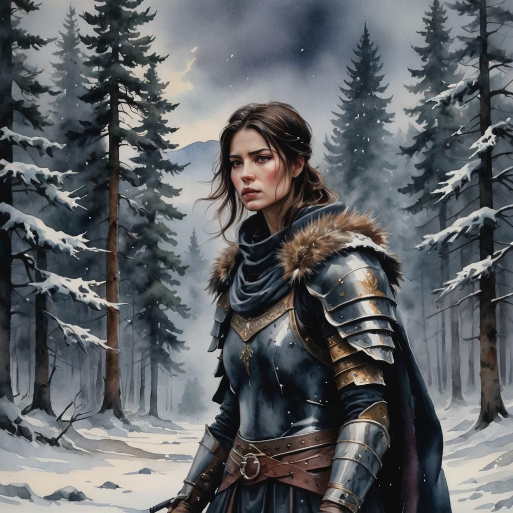 Warrior Woman in Frozen Landscape: Watercolor Portrait