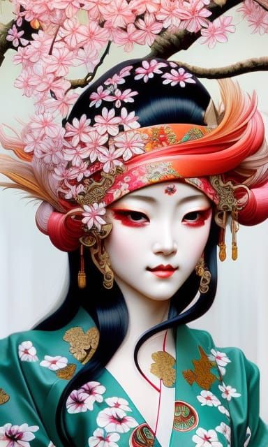 Japanese Woman in Kimono Under Cherry Blossom Tree