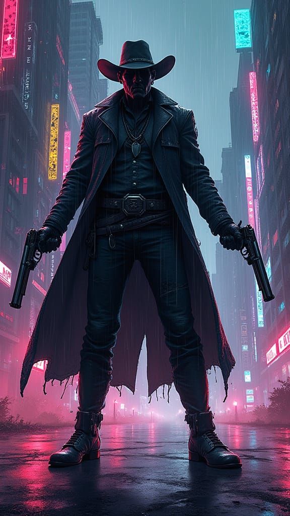 Gunslinger stands silhouetted against a neon-splattered cybe...