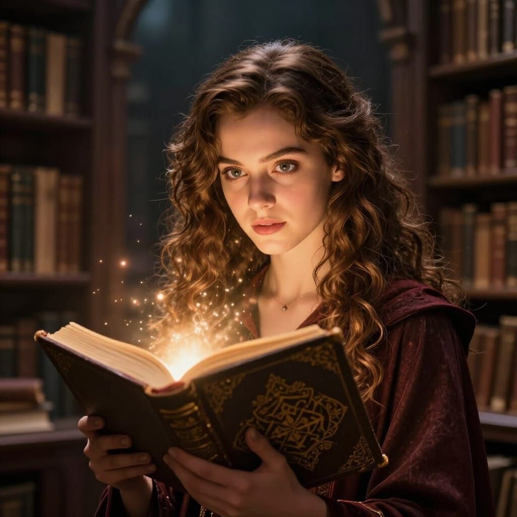 Young Witch With Spell Book in Wizard Library